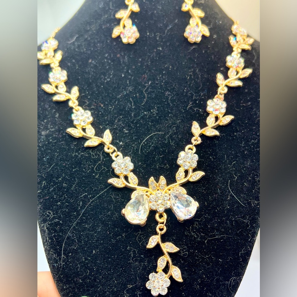 Holiday Party Necklace and Earring Set 20” Gold-Colored with Clear Rhinestones